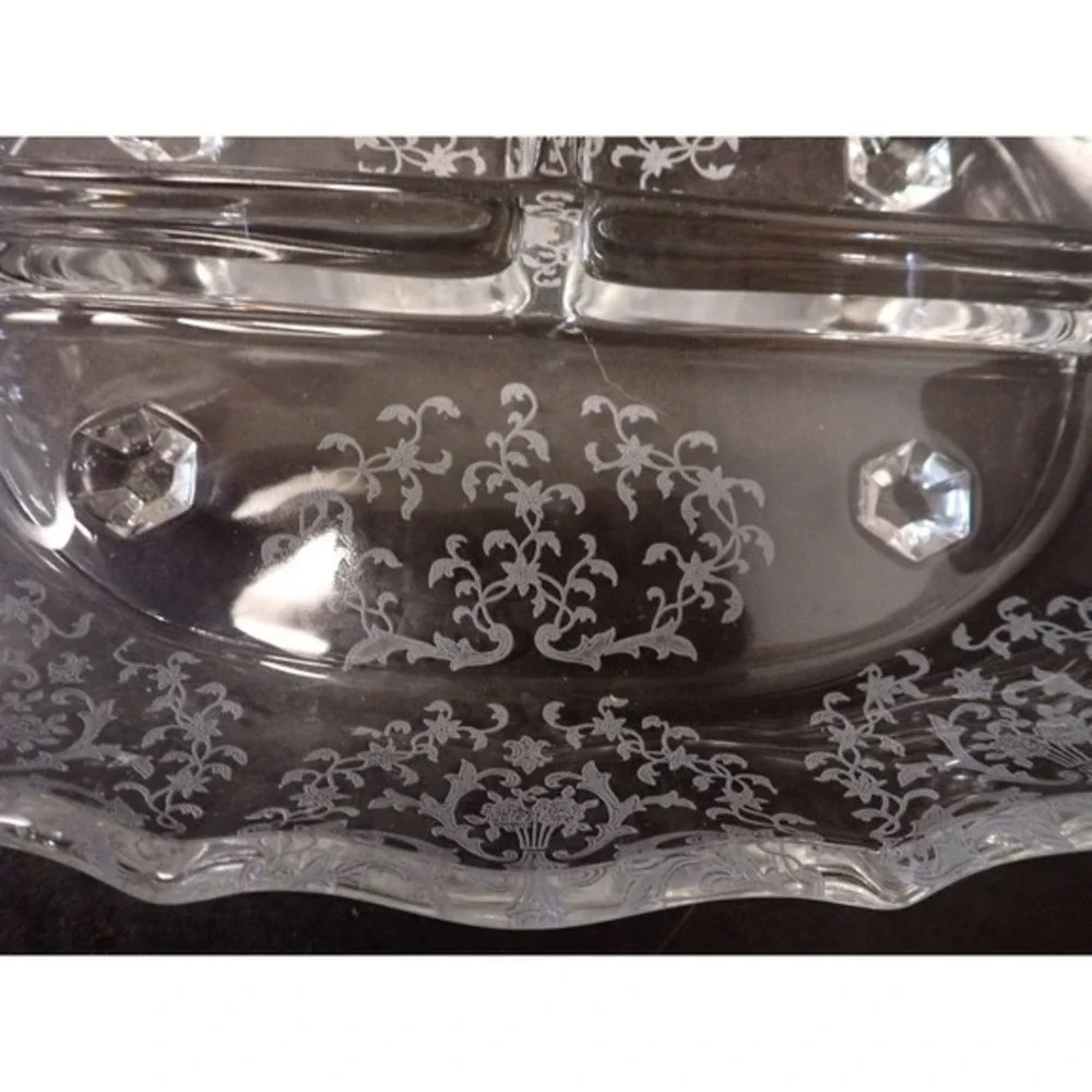Vintage Fostoria Clear Navarre Etched Footed Baroque Glass Divided Relish Dish‎
